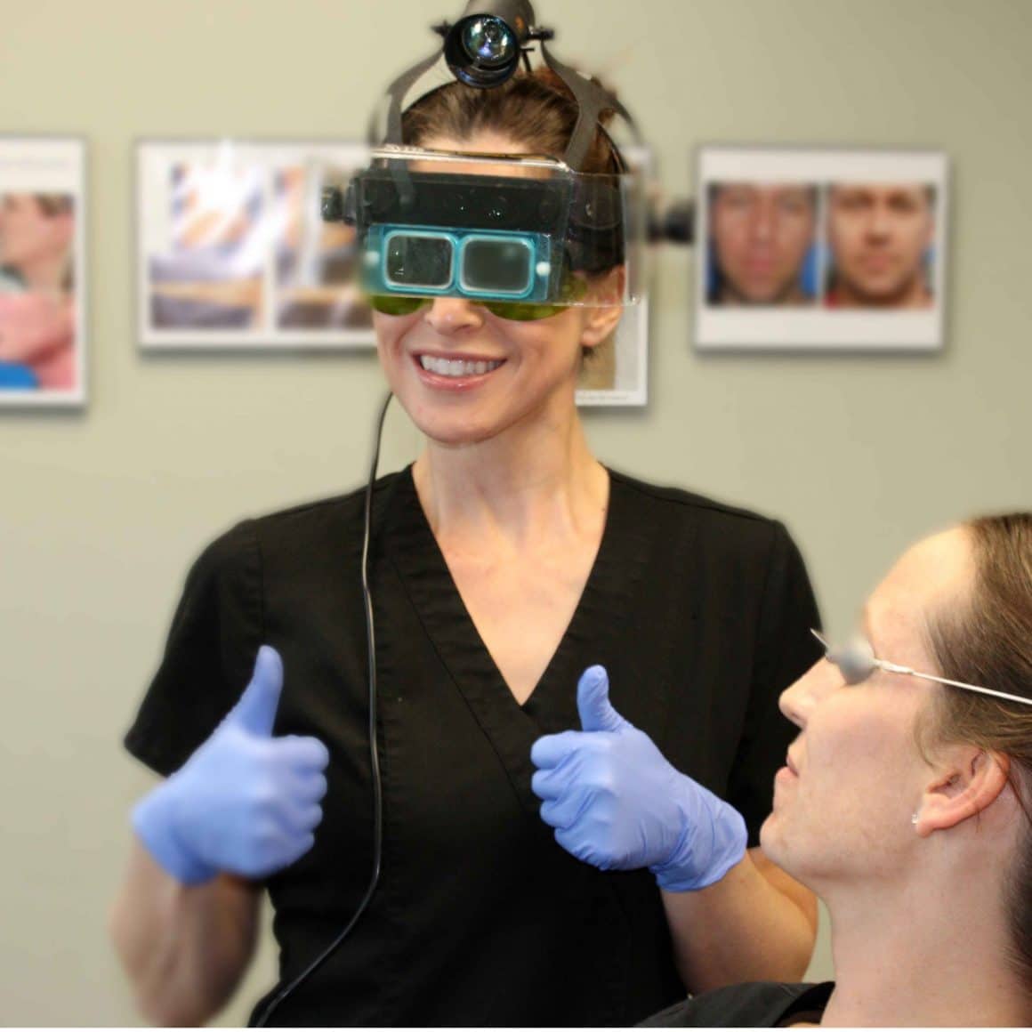 Kate in polarized magnification headpiece